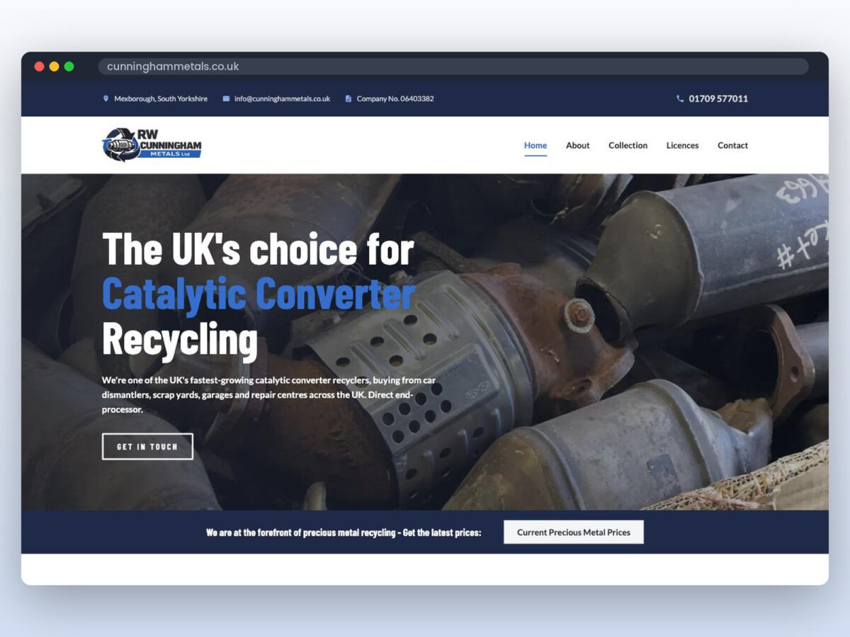 The RW Cunningham Metals website shown in a browser window: the headline “The UK’s choice for Catalytic Converter Recycling” over a photograph of scrap catalytic converters.