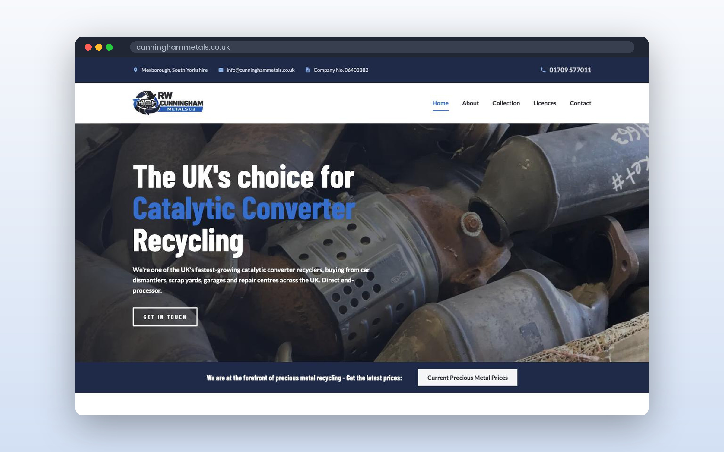 The RW Cunningham Metals website shown in a browser window: the headline “The UK’s choice for Catalytic Converter Recycling” over a photograph of scrap catalytic converters.
