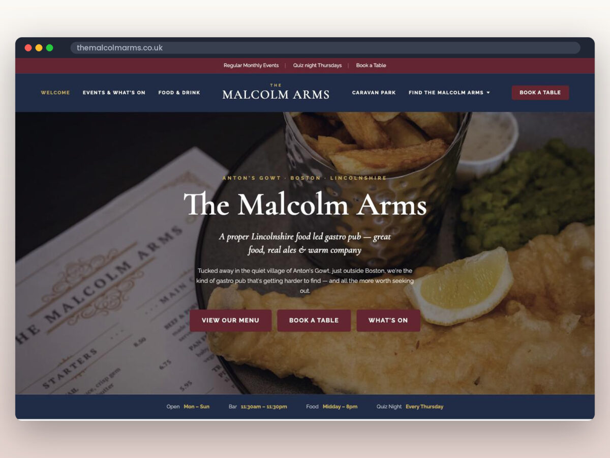 The Malcolm Arms website shown in a browser window: the pub’s name over a photograph of fish, chips and mushy peas.