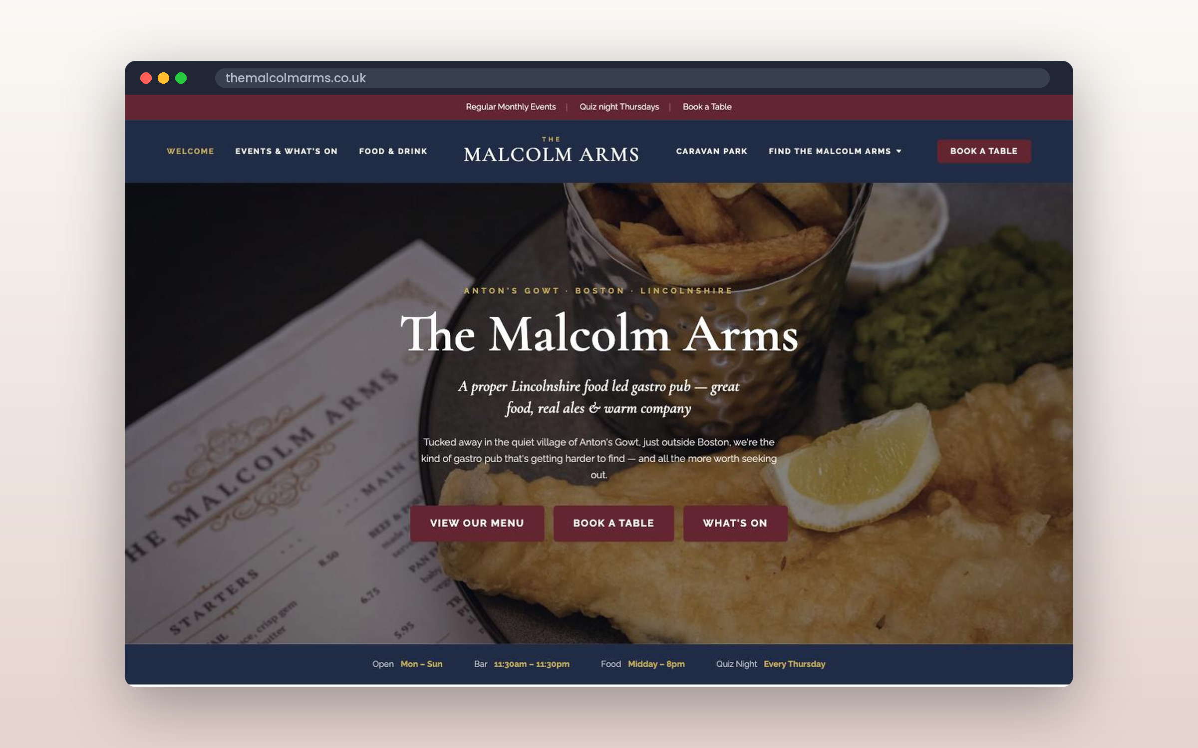 The Malcolm Arms website shown in a browser window: the pub’s name over a photograph of fish, chips and mushy peas.