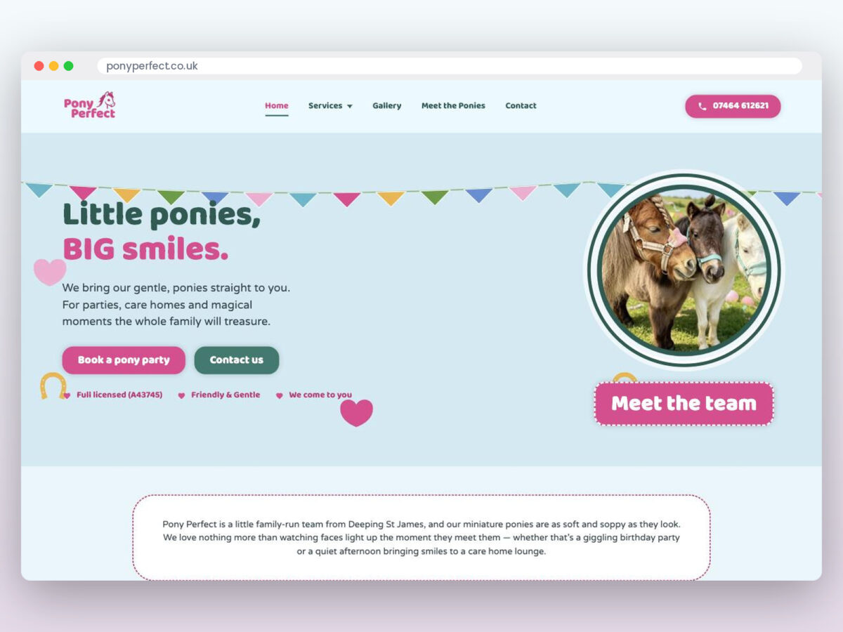 The Pony Perfect website shown in a browser window: the headline “Little ponies, BIG smiles.” with bunting and a photograph of two miniature ponies.