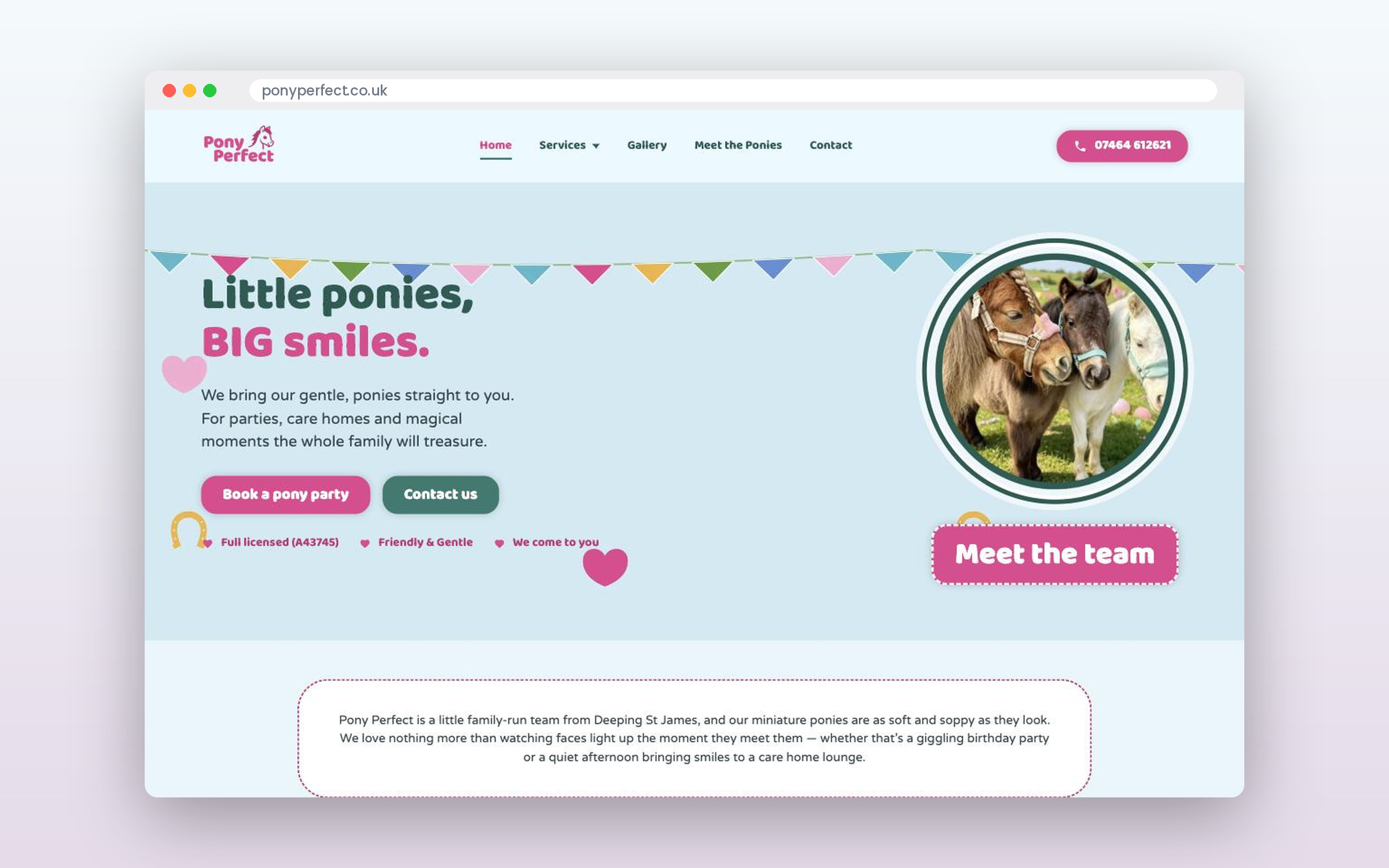 The Pony Perfect website shown in a browser window: the headline “Little ponies, BIG smiles.” with bunting and a photograph of two miniature ponies.