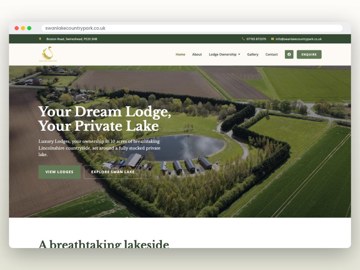 The Swan Lake Country Park website shown in a browser window: the headline “Your Dream Lodge, Your Private Lake” over an aerial photograph of the lake and lodges.