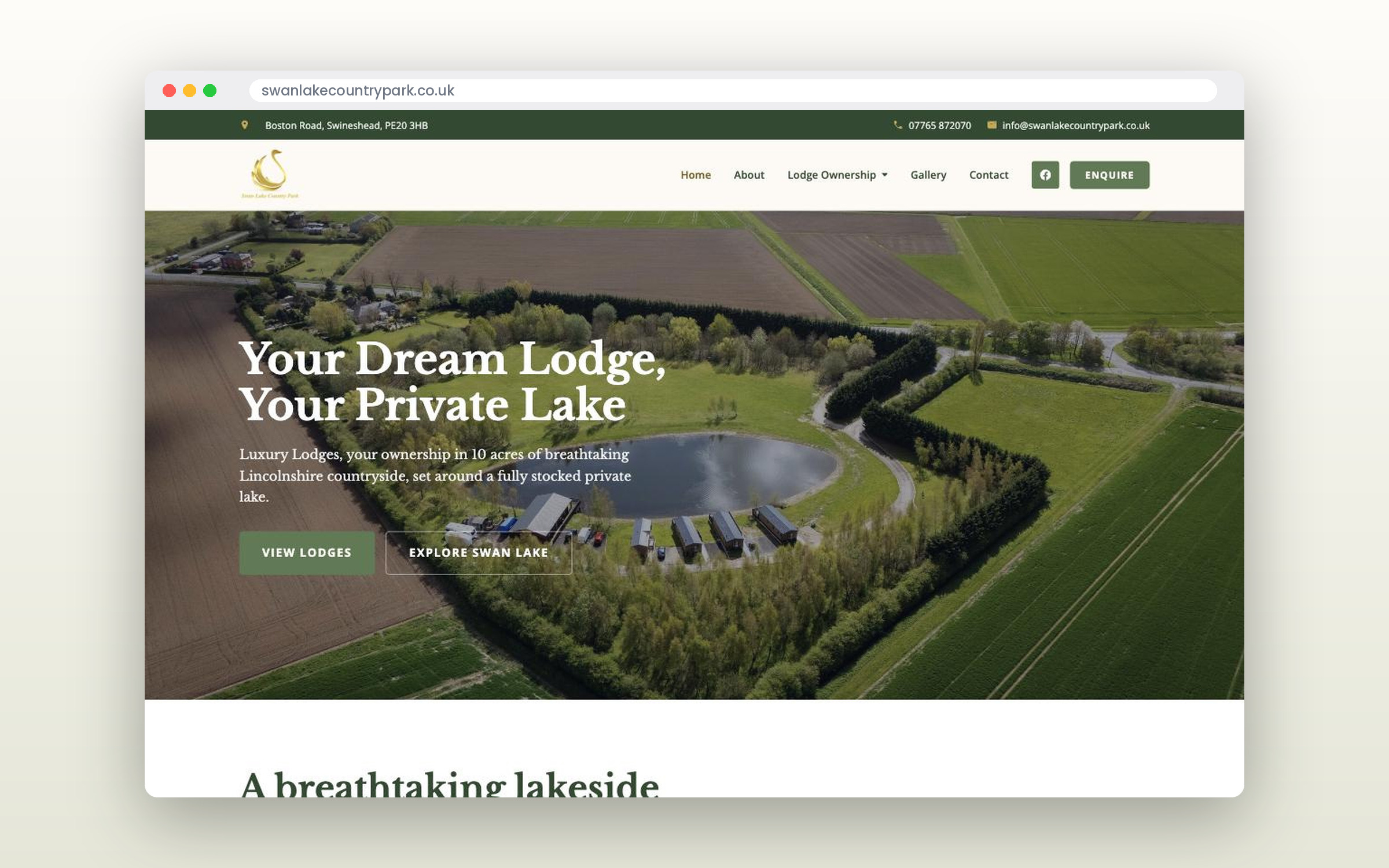 The Swan Lake Country Park website shown in a browser window: the headline “Your Dream Lodge, Your Private Lake” over an aerial photograph of the lake and lodges.