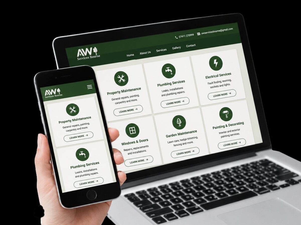 The AW Services Bourne website shown on a laptop and a phone.