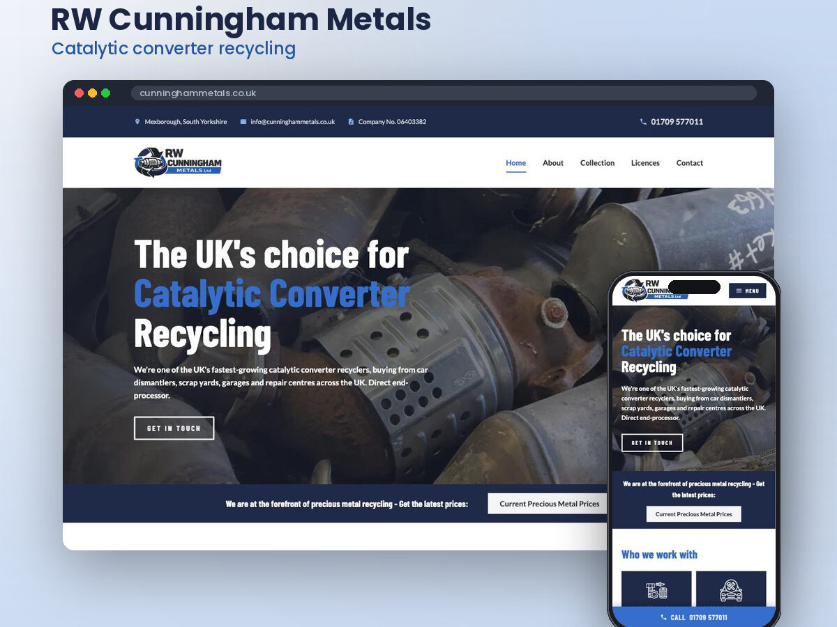 RW Cunningham Metals, catalytic converter recycling — the site shown in a browser window with the mobile version beside it.