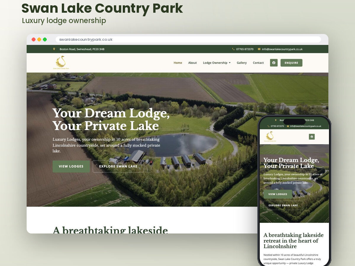 Swan Lake Country Park, luxury lodge ownership — the site shown in a browser window with the mobile version beside it.