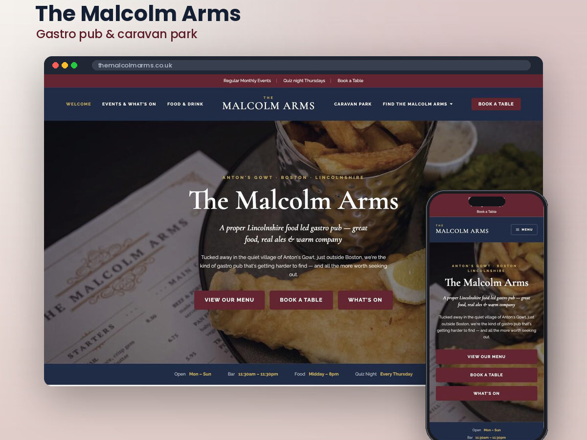 The Malcolm Arms, a gastro pub and caravan park — the site shown in a browser window with the mobile version beside it.
