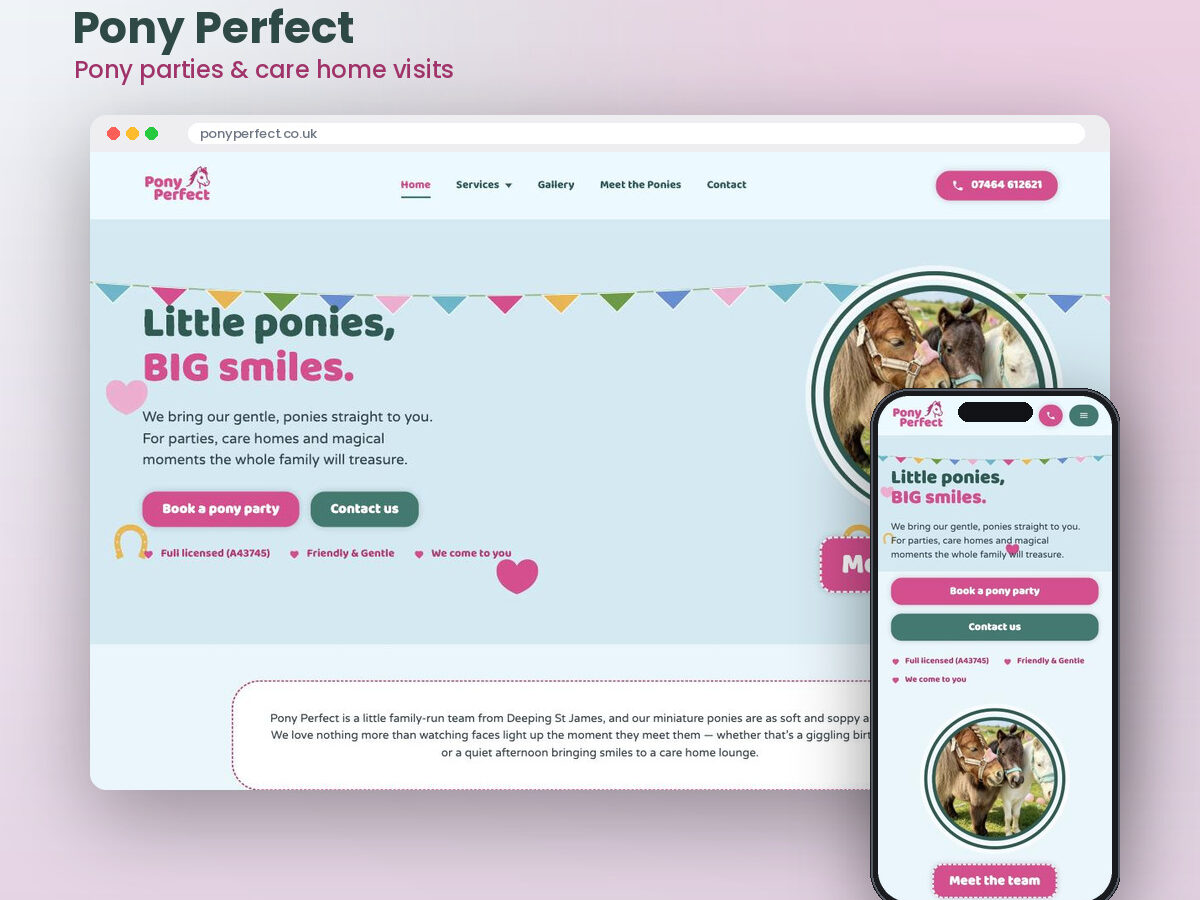Pony Perfect, pony parties and care home visits — the site shown in a browser window with the mobile version beside it.