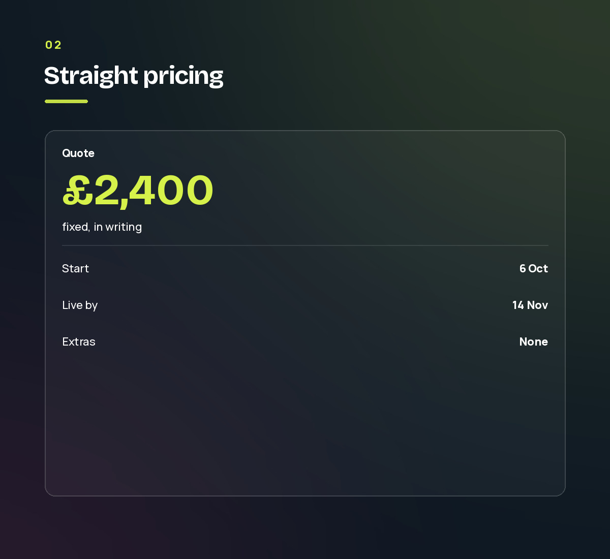 A quote card showing a fixed price of £2,400 with a start date, a go-live date and no extras. Step 2 of the four things Stamford Creative will not budge on.