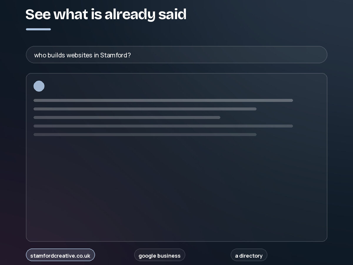 An AI assistant answering “who builds websites in Stamford?”, with the sources it drew on listed underneath. Step 1 of the AI search process.