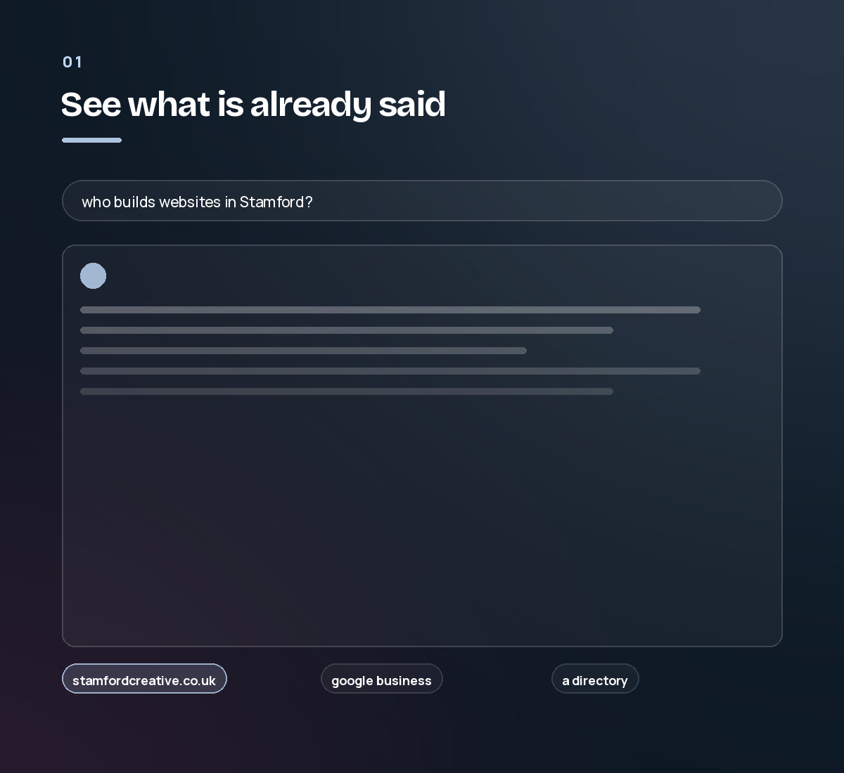 An AI assistant answering “who builds websites in Stamford?”, with the sources it drew on listed underneath. Step 1 of the AI search process.