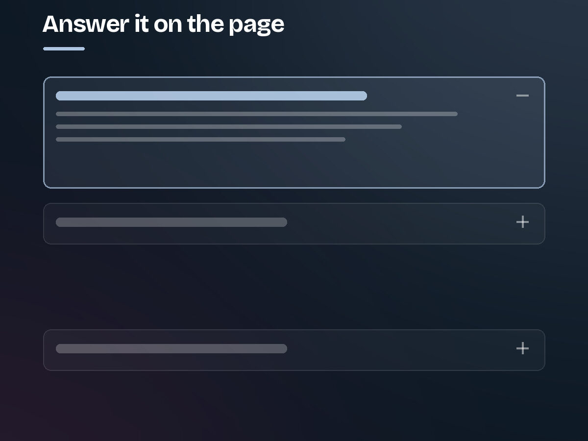 A question and answer block on a page, the first question expanded. Step 2 of the AI search process.