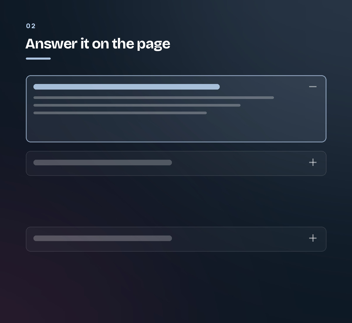 A question and answer block on a page, the first question expanded. Step 2 of the AI search process.