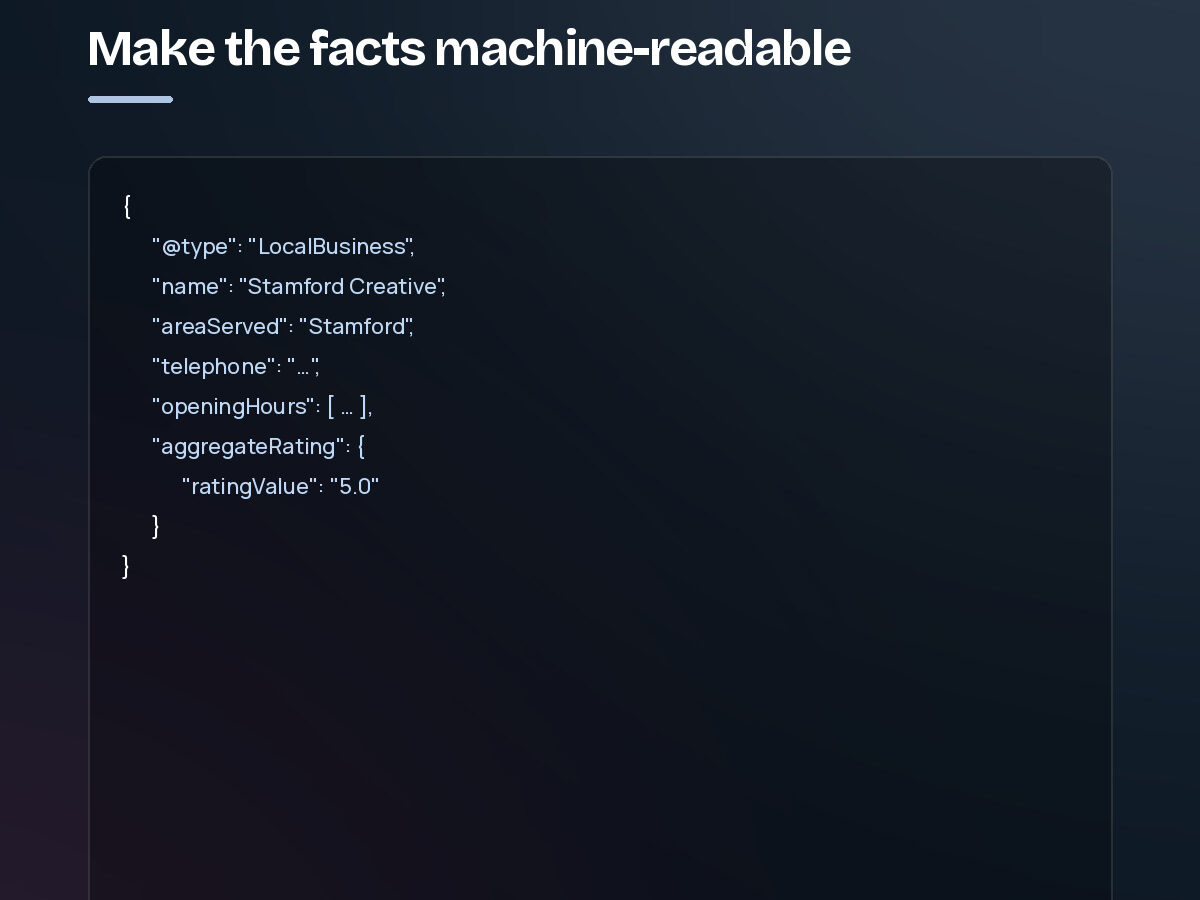 JSON-LD structured data describing a local business, its area served and its rating. Step 3 of the AI search process.