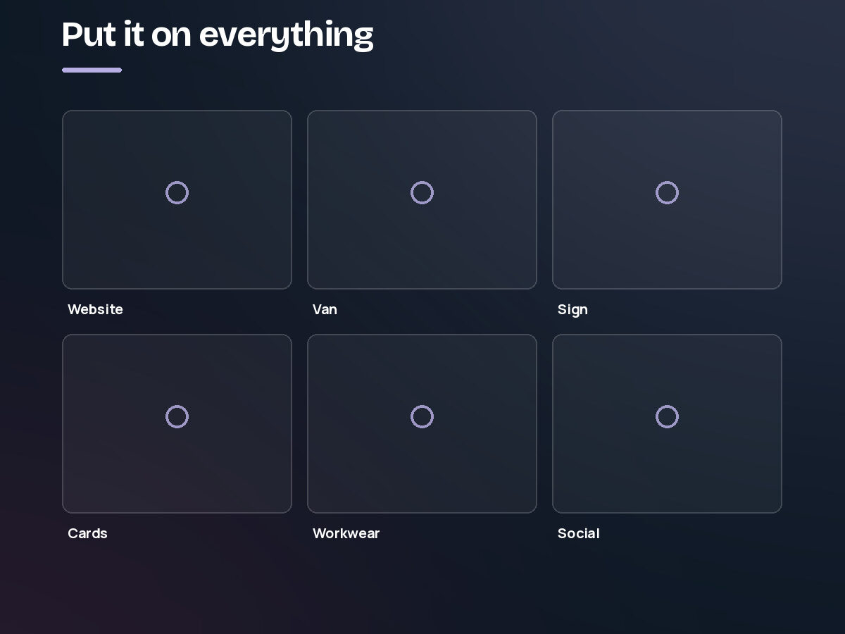 Six application tiles — website, van, sign, cards, workwear and social. Step 4 of the branding process.