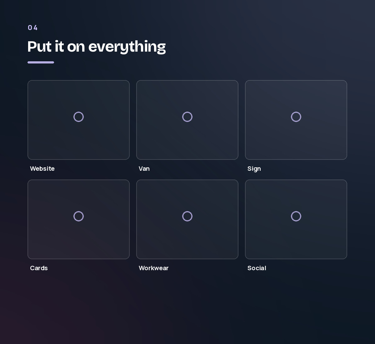 Six application tiles — website, van, sign, cards, workwear and social. Step 4 of the branding process.