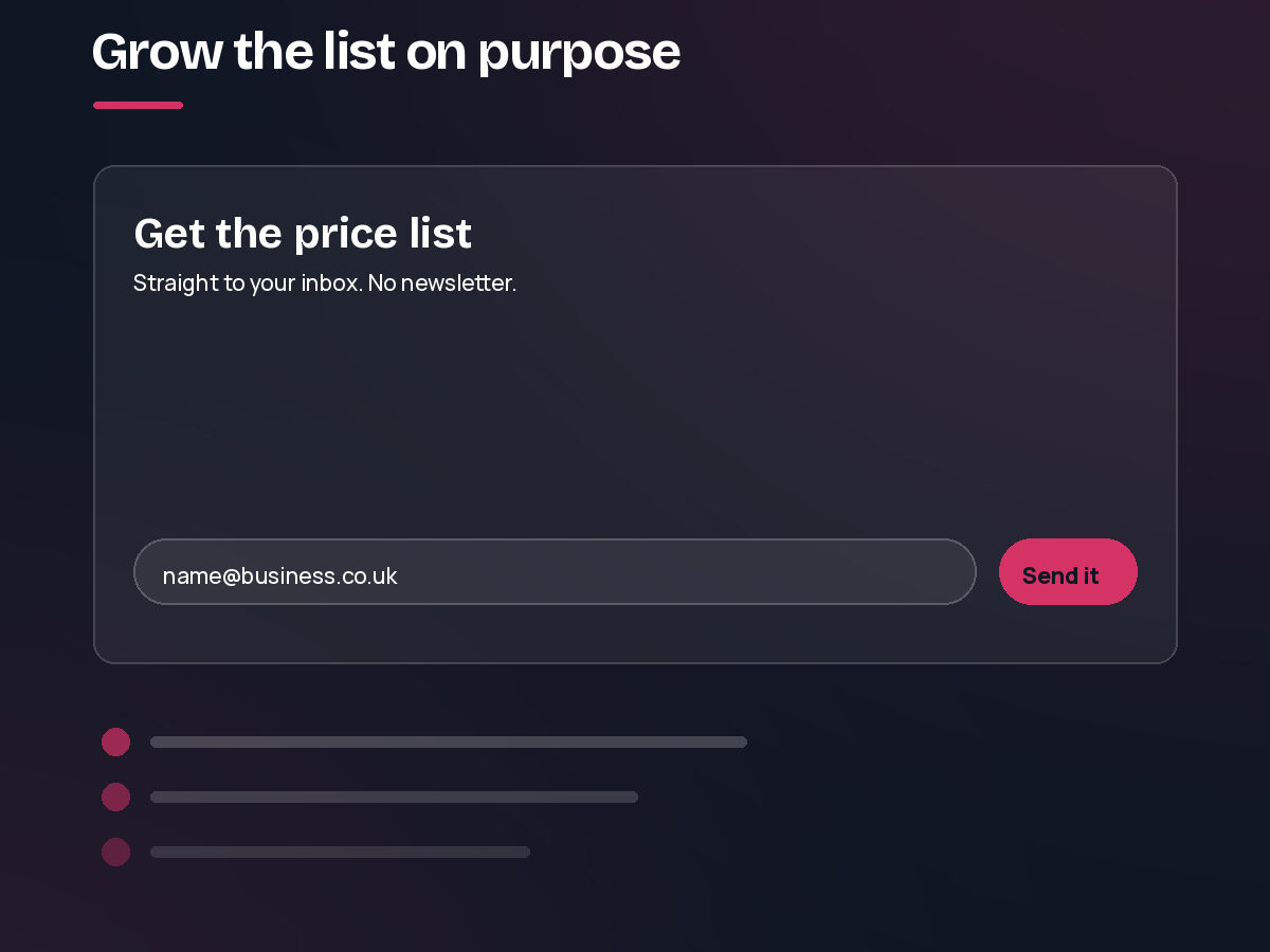 A sign-up form offering a price list rather than a newsletter, with subscribers joining below. Step 1 of the email marketing process.