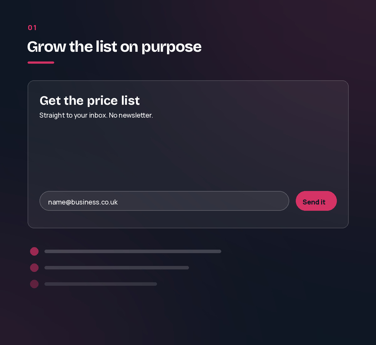 A sign-up form offering a price list rather than a newsletter, with subscribers joining below. Step 1 of the email marketing process.