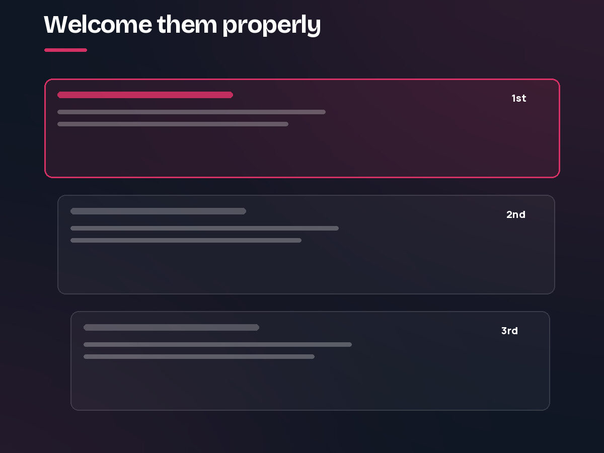 The first three emails after someone joins, the first one highlighted. Step 2 of the email marketing process.