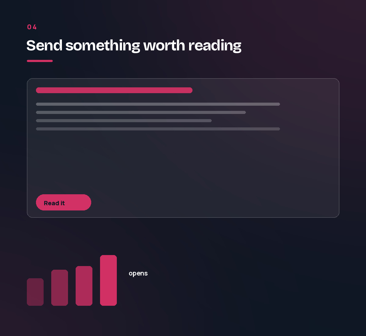 An email layout above a bar chart of open rates climbing. Step 4 of the email marketing process.