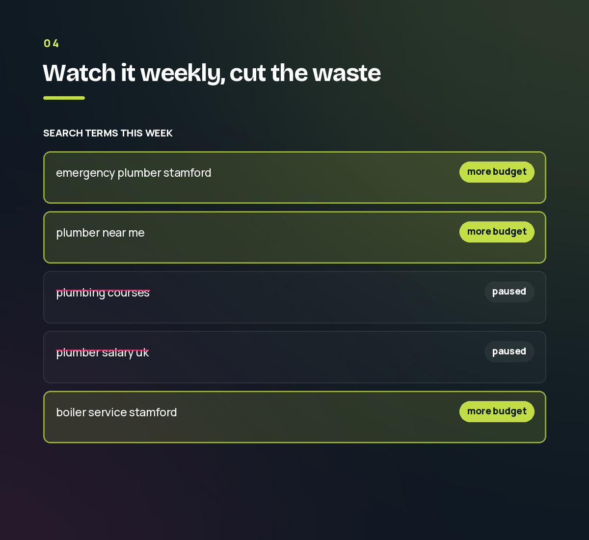 A week of search terms with the profitable ones given more budget and the irrelevant ones paused