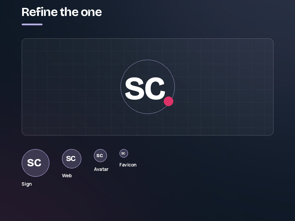 The chosen mark on a construction grid, shown at signage, web, avatar and favicon sizes
