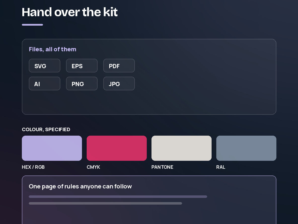 The file formats supplied on handover, the colour codes for screen and print, and a one-page guide