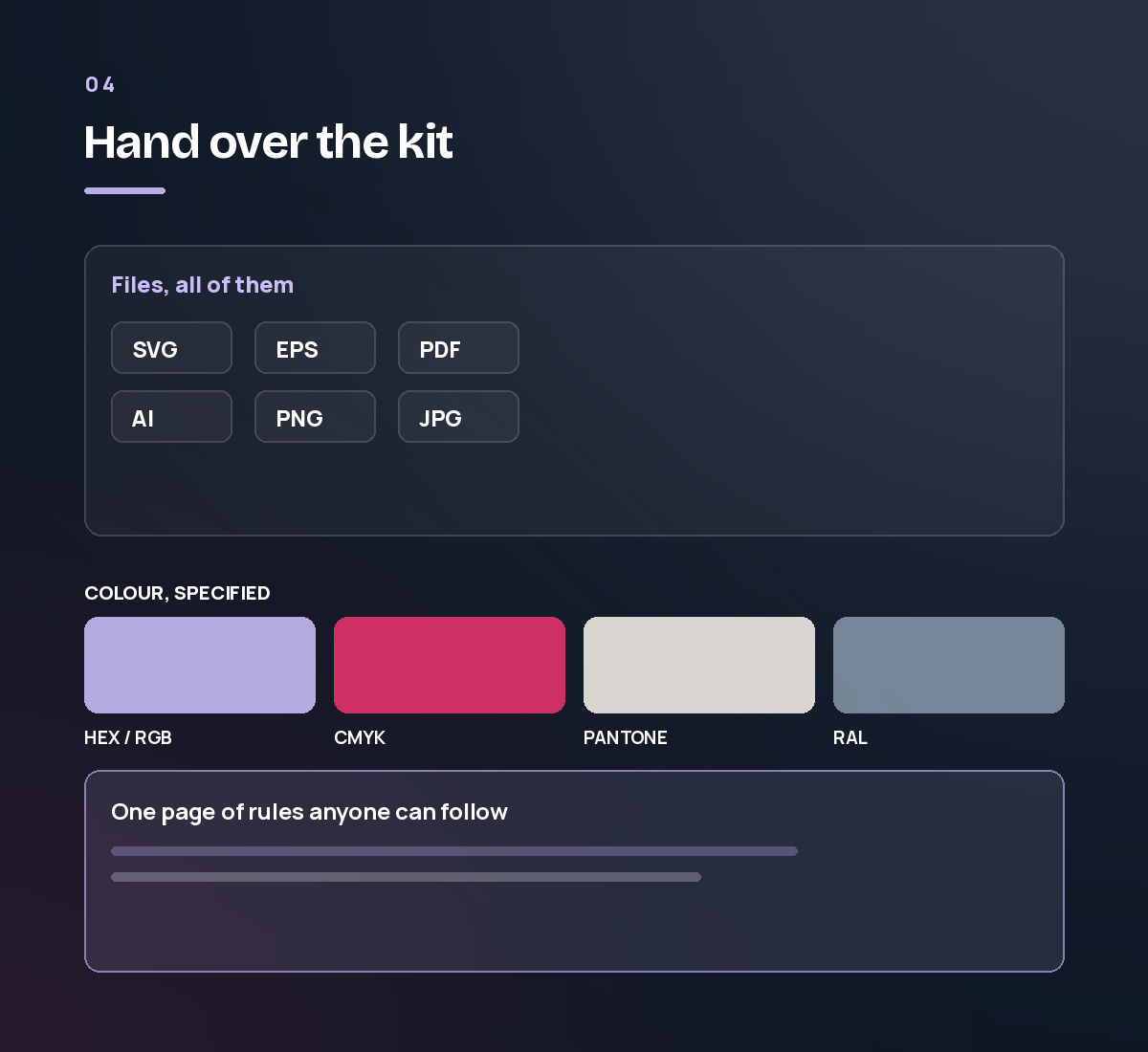 The file formats supplied on handover, the colour codes for screen and print, and a one-page guide