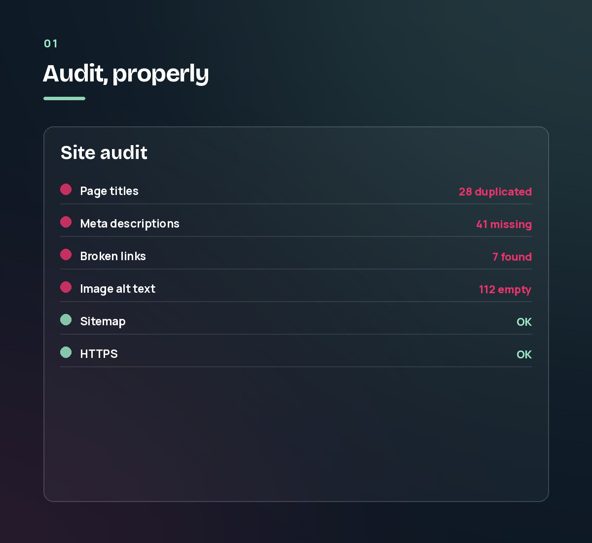 An audit report listing duplicated page titles, missing meta descriptions, broken links and empty image alt text, with sitemap and HTTPS passing. Step 1 of the SEO process.