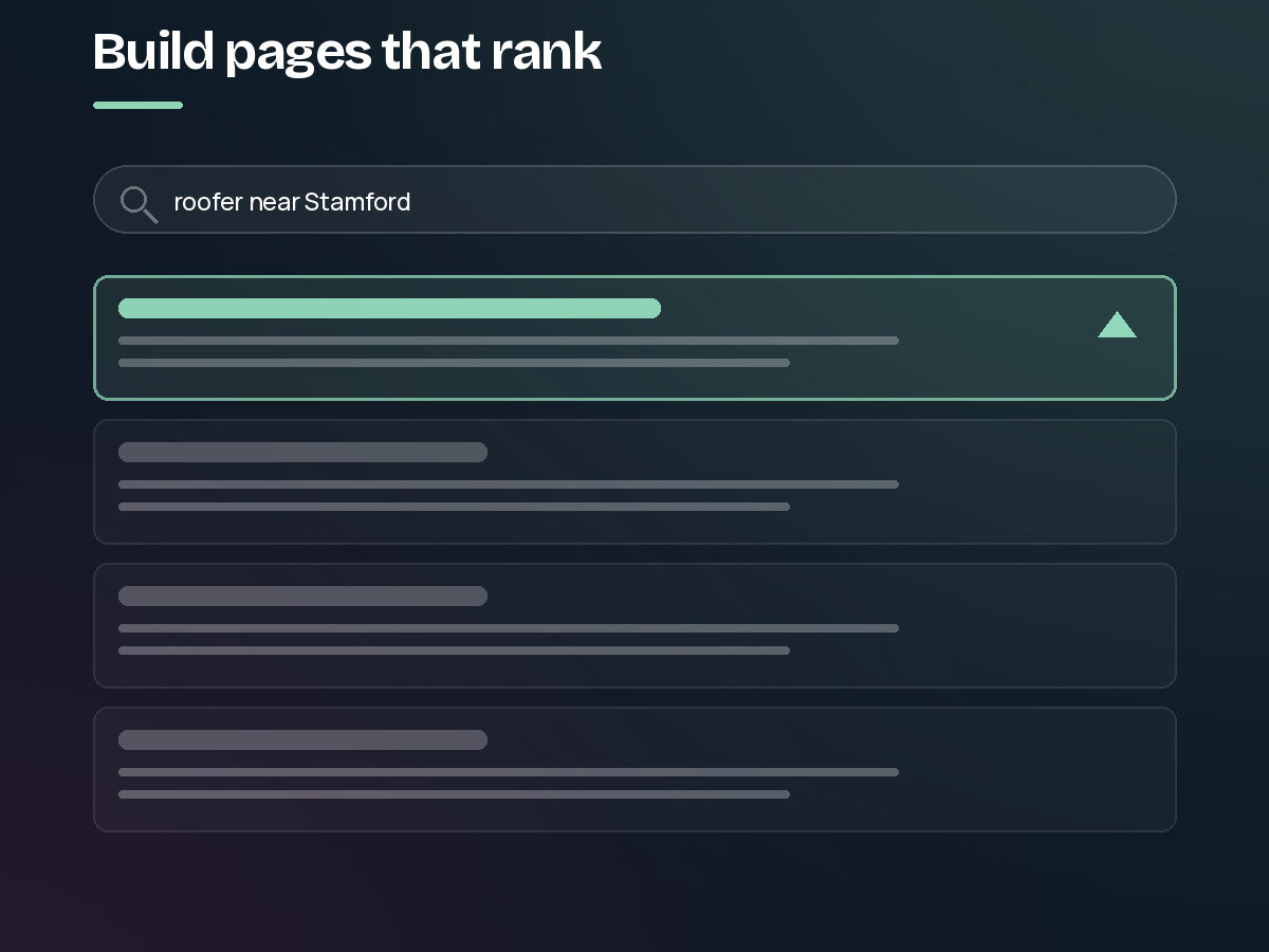 A search results page for “roofer near Stamford”, the top result highlighted and rising above the rest. Step 3 of the SEO process.