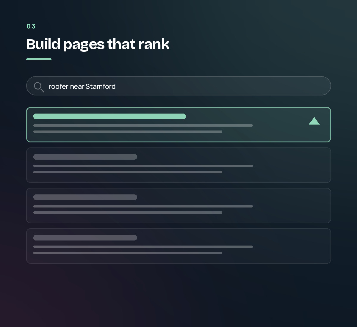 A search results page for “roofer near Stamford”, the top result highlighted and rising above the rest. Step 3 of the SEO process.