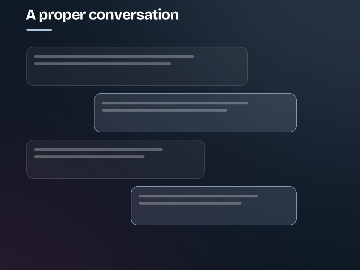 Two sides of a conversation shown as alternating message bubbles. Step 1 of the website design process.