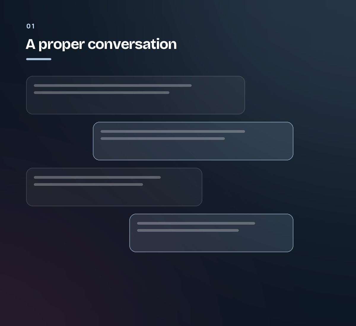 Two sides of a conversation shown as alternating message bubbles. Step 1 of the website design process.