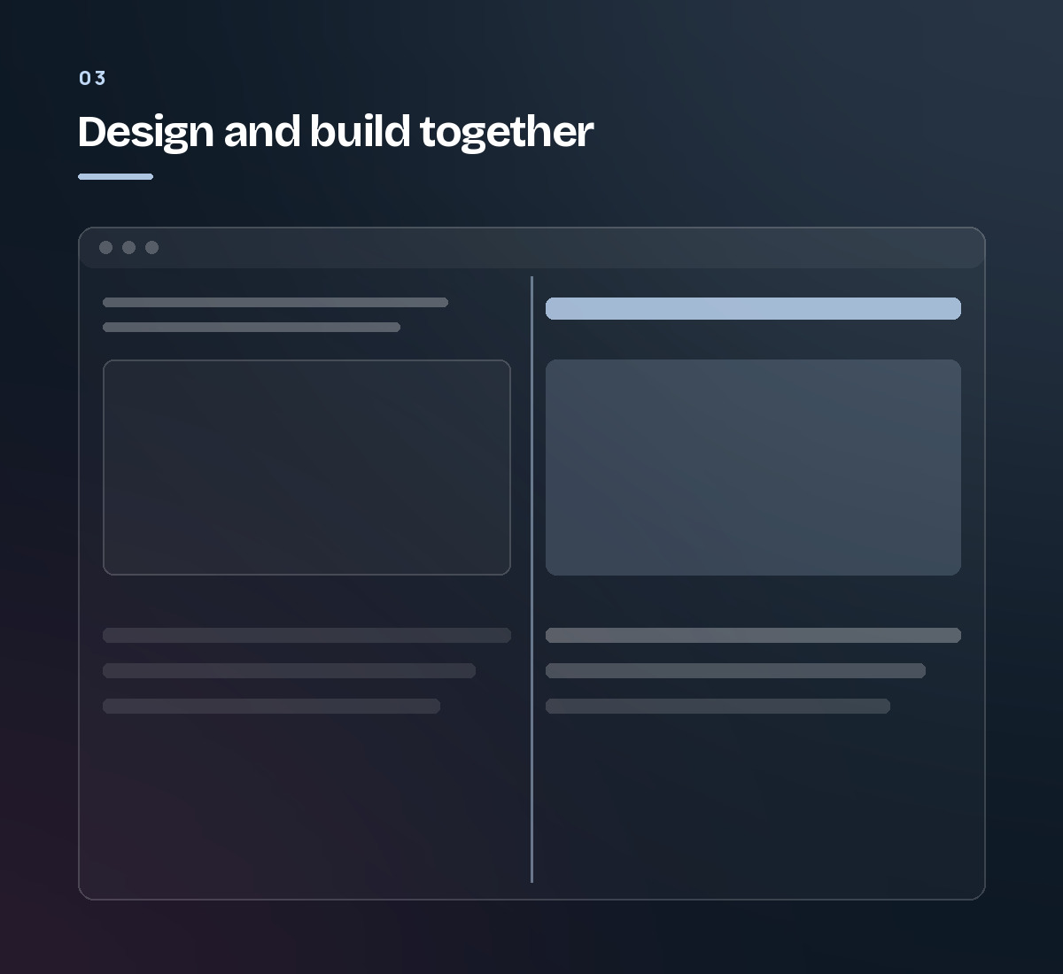 One browser window split down the middle — plain wireframe on the left, finished design on the right. Step 3 of the website design process.