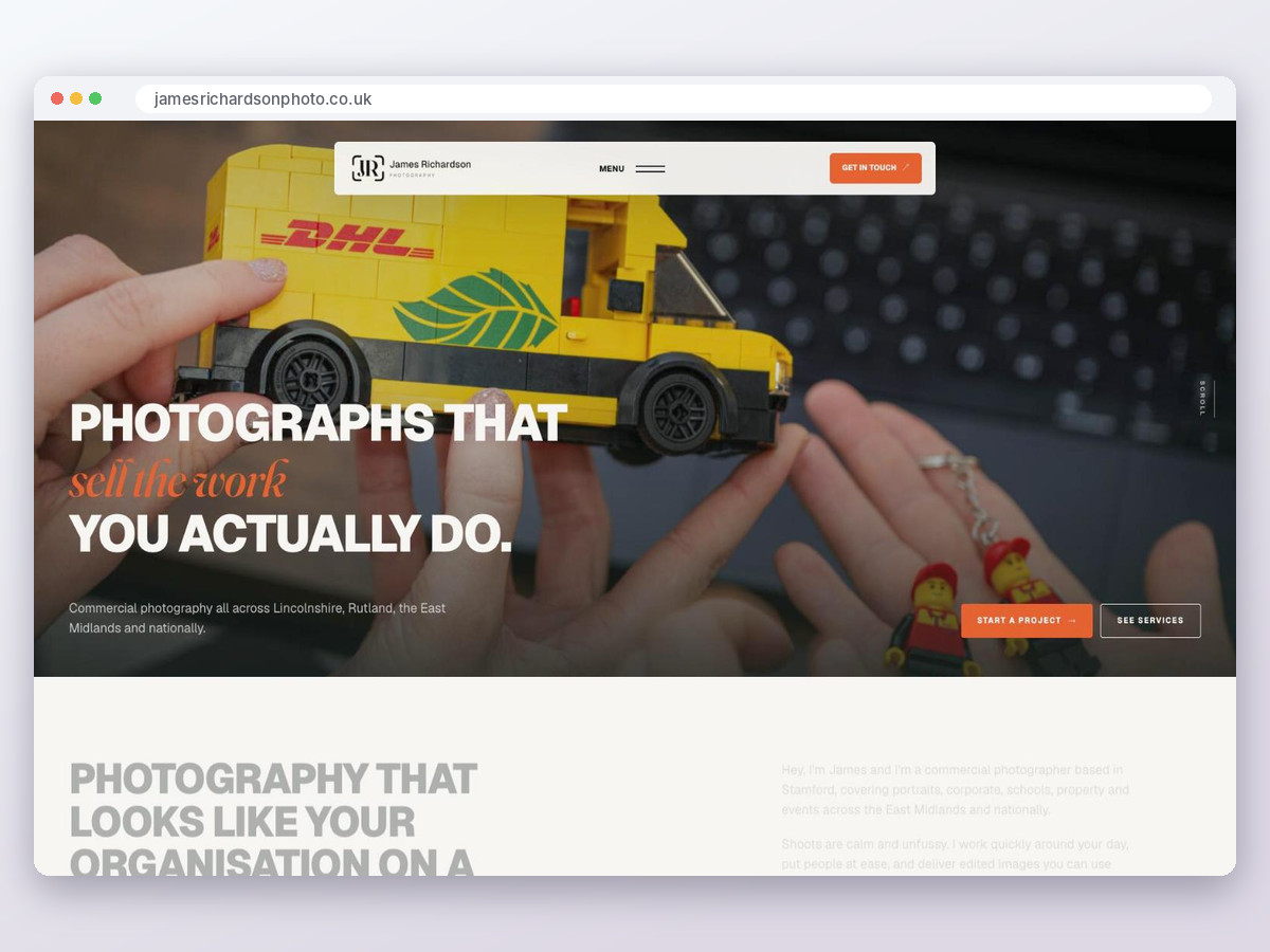 The James Richardson Photography homepage shown in a browser window, with a commercial product photograph behind the headline.