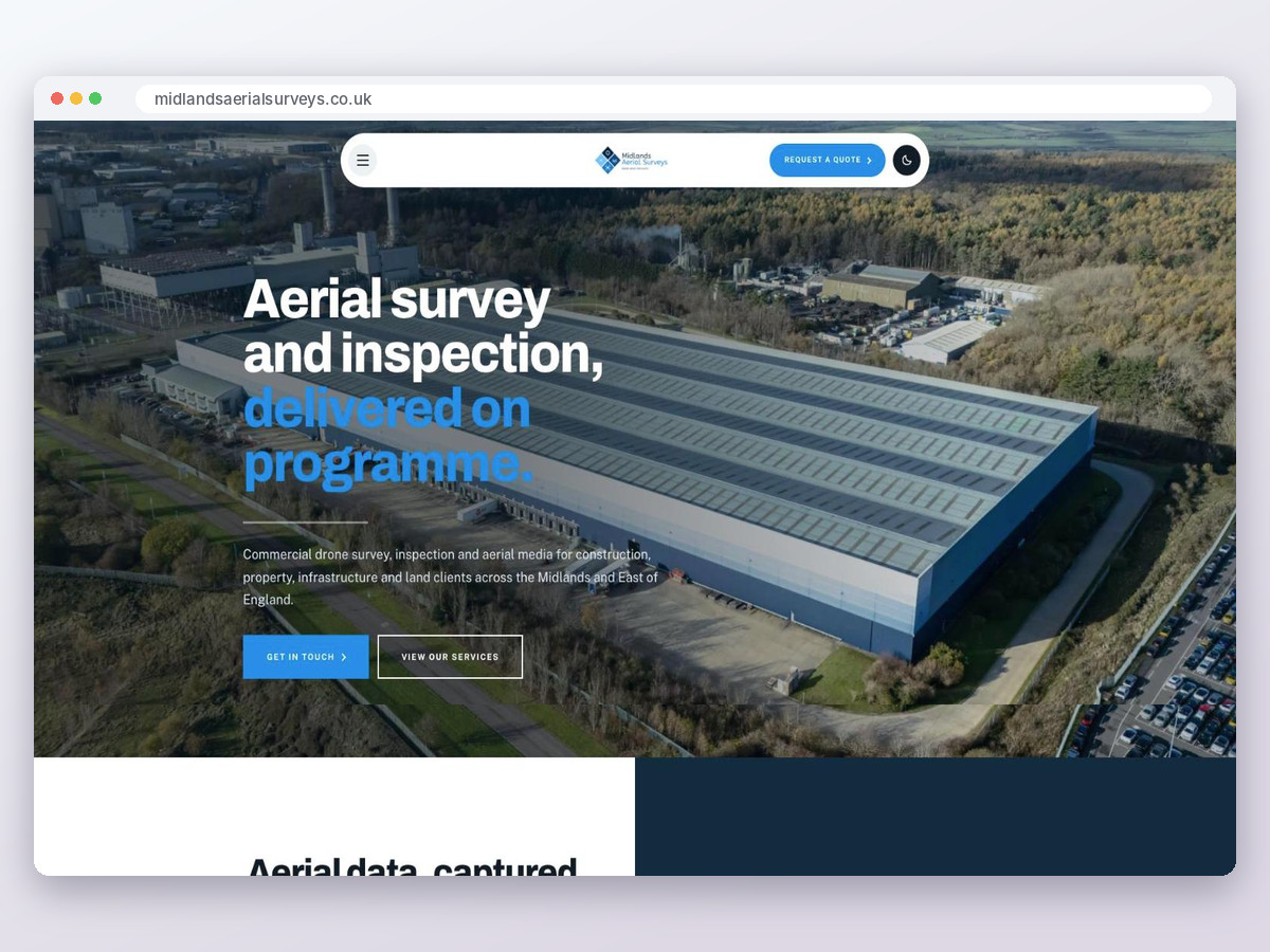 The Midlands Aerial Surveys homepage shown in a browser window, with an aerial survey photograph of an industrial roof.