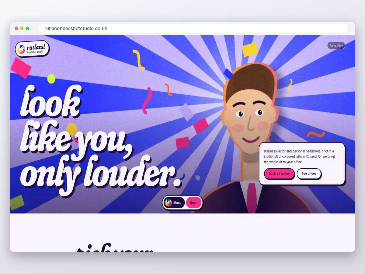 The Rutland Headshot Studio homepage shown in a browser window, with an illustrated character on a cobalt blue background.