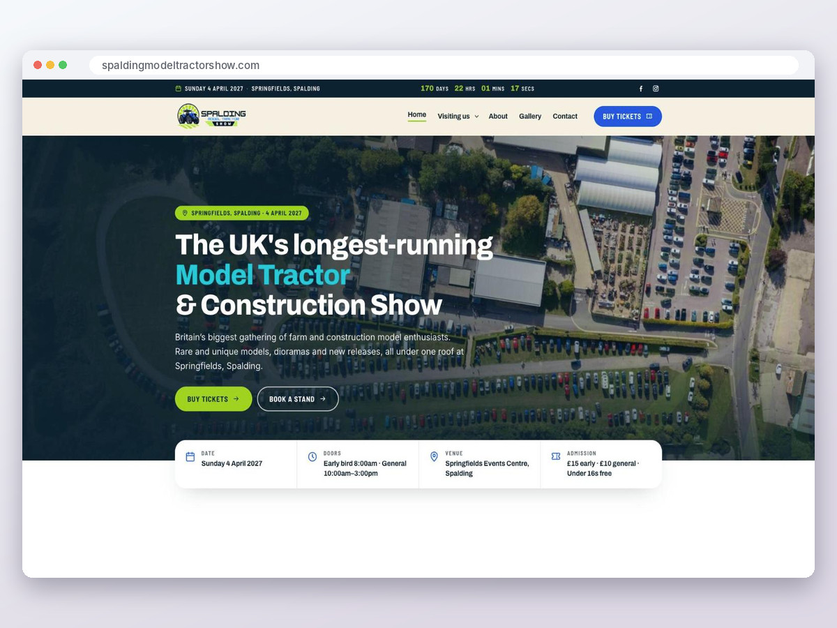 The Spalding Model Tractor Show homepage shown in a browser window, with an aerial photograph of Springfields and the event details.