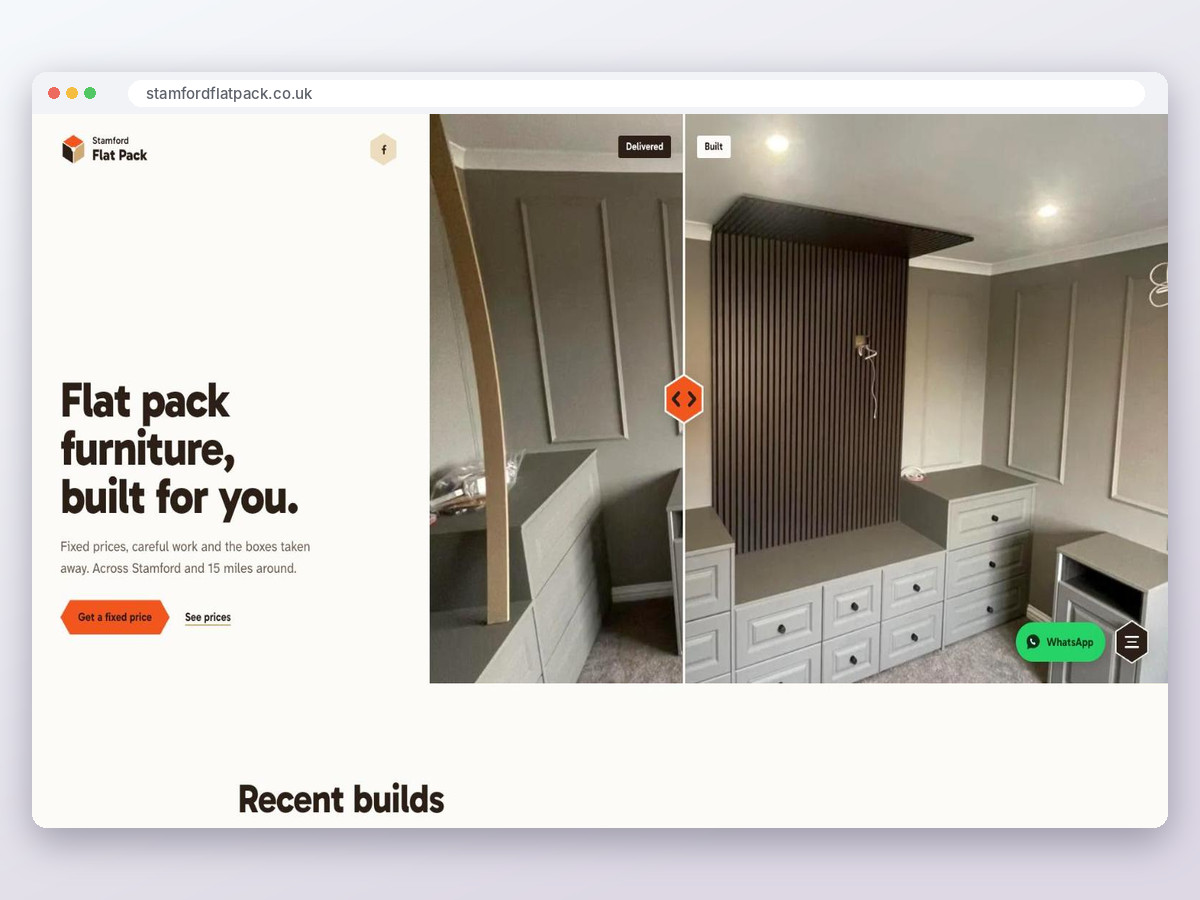The Stamford Flat Pack homepage shown in a browser window, with a before and after slider of a fitted bedroom.