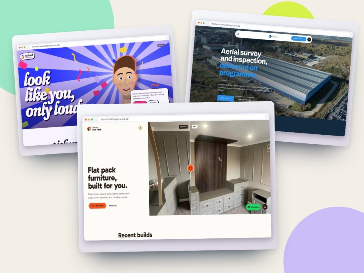 Three websites built by Stamford Creative, shown as browser windows overlapping on a bone background.